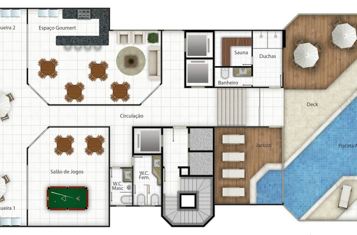 Planta da área de lazer na cobertura com 500 m² com piscina salão gourmet, sauna, academia e churrasqueiras