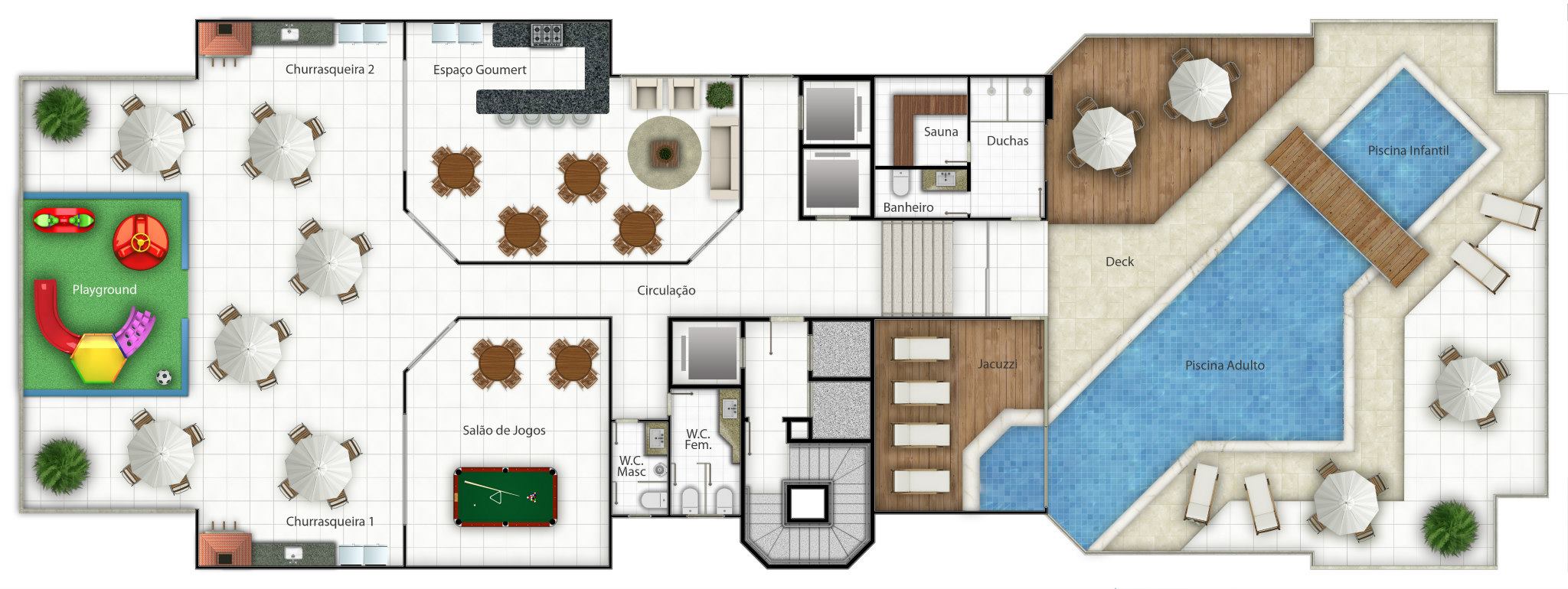 Planta da área de lazer na cobertura com 500 m² com piscina salão gourmet, sauna, academia e churrasqueiras