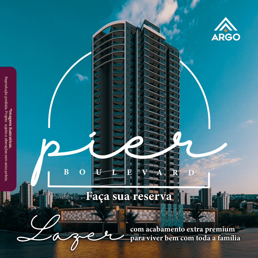 Banner do Edificio Pier Boulevard com a logomarca da Argo Construtora e chamada para reserva de unidade